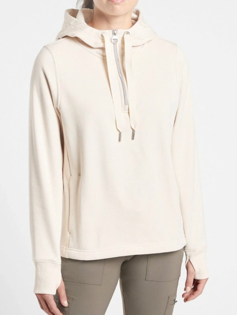 Athleta Cozy Karma Hoodie Womens Medium Cream Beige Quarter Zip Solid